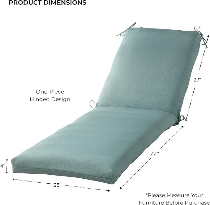 Modern Outdoor Chaise Lounge Cushion with Ties – Durable Polyester Fabric, Channel-Filled Polyfiber Insert, Removable Zippered Cover, Seaglass