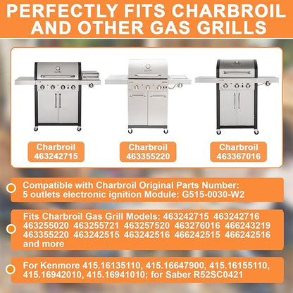 G515-0030-W2 Grill Igniter DHLG-5A for Charbroil Ignitor Replacement, 5 Outlet Electronic Ignition Module w/ Wires & 1 Push Button for Charbroil Grill Replacement Surefire Igniter, AA Battery Required
