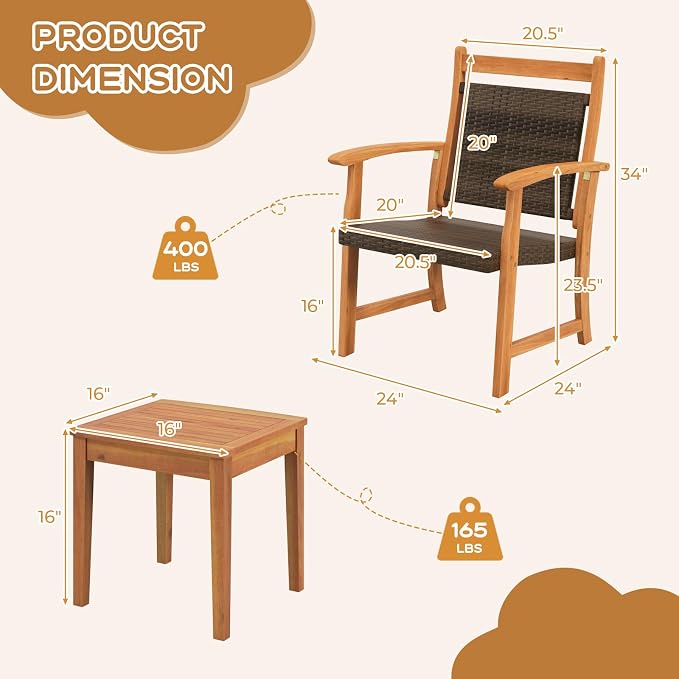 HAPPYGRILL 3 Pieces Rattan Wood Bistro Set, Patio Wicker Chairs Set with Acacia Wood Side Table, Outdoor Sofa Furniture Set for Yard Garden Porch Poolside