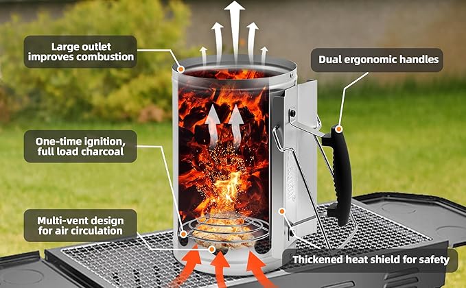 Charcoal Chimney Starter with Firelighters, XL 7.5X12 Chimney Starter, Tilted Handle Design for Safe Outdoor Grilling & Camping, Silver