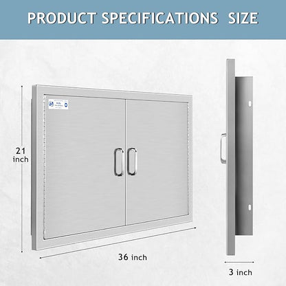 Hally BBQ Access Door 36" W x 21" H of 304 Stainless Steel Double Doors with 2 Detachable Handles and 6 Hooks, Outdoor Kitchen Doors for BBQ Island, Grilling Station, Outdoor Cabinet