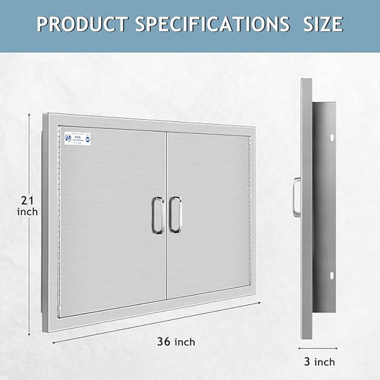 Hally BBQ Access Door 36" W x 21" H of 304 Stainless Steel Double Doors with 2 Detachable Handles and 6 Hooks, Outdoor Kitchen Doors for BBQ Island, Grilling Station, Outdoor Cabinet