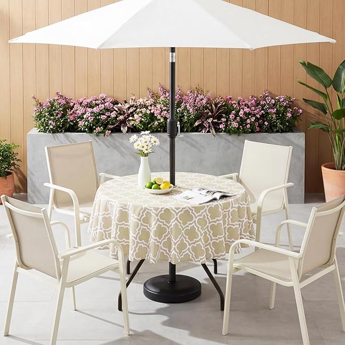 Poise3EHome 60 inches Outdoor/Indoor Waterproof Spillproof Round Tablecloth with Umbrella Hole for Camping, Picnic, Christmas Tree Skirt, BBQ, Khaki