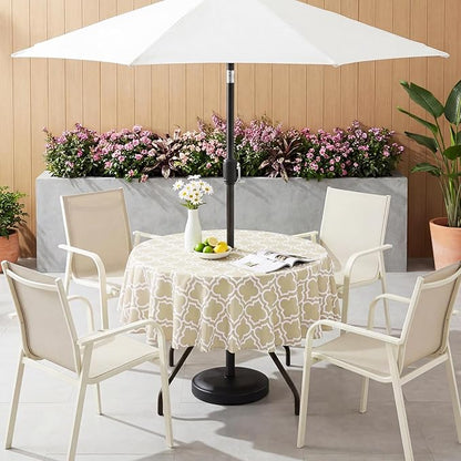 Poise3EHome 60 inches Outdoor/Indoor Waterproof Spillproof Round Tablecloth with Umbrella Hole for Camping, Picnic, Christmas Tree Skirt, BBQ, Khaki