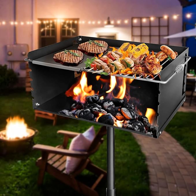 Park Style Charcoal Grill with Cooking Grate, Heavy Duty Carbon Steel Outdoor BBQ Grill with Plate, Single Post Park Grill for Camping, Backyard and Cooking (25 x 17 x 11 Inch)