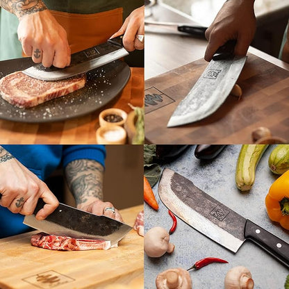 COOLINA Daozi 8" Butcher Knife, Hand-Forged High-Carbon Steel Cleaver for Heavy-Duty Meat Cutting, Slicing, Chopping, Brisket & BBQ, Full-Tang Forged Blade with Ergonomic Wood Handle