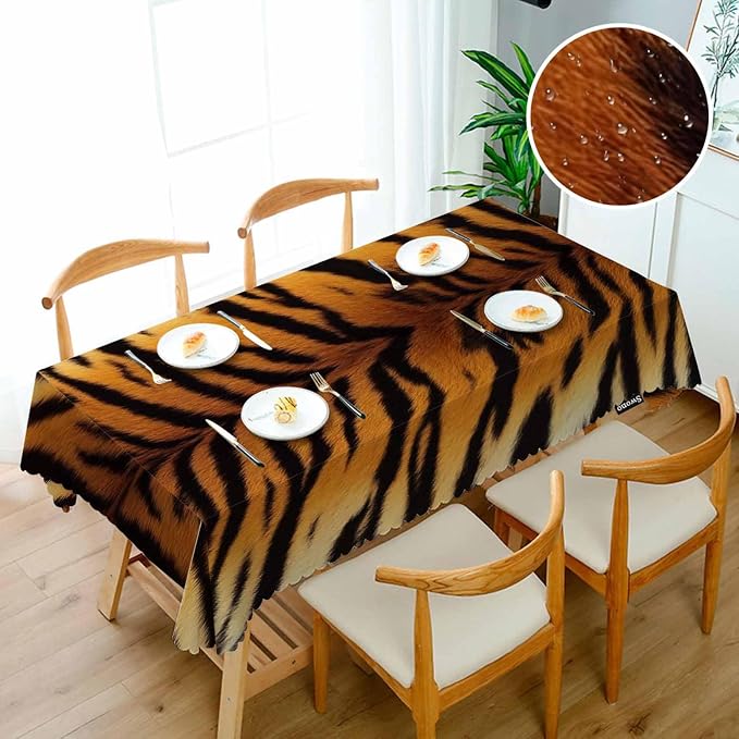 Swono Tiger Print Table Covers 52x70 Inch Wildlife Tiger Skin Brown Black Wipeable Tablecloth Kitchen Dinning Tabletop Decoration, Table Cloth for Outdoor and Indoor Use