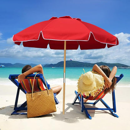 AMMSUN 7.5ft Heavy Duty HIGH Wind Beach Umbrella Commercial Grade wood Beach Umbrella with Air Vent Ash Wood Pole & Portable Carry Bag UPF50+ Protection Windproof Red