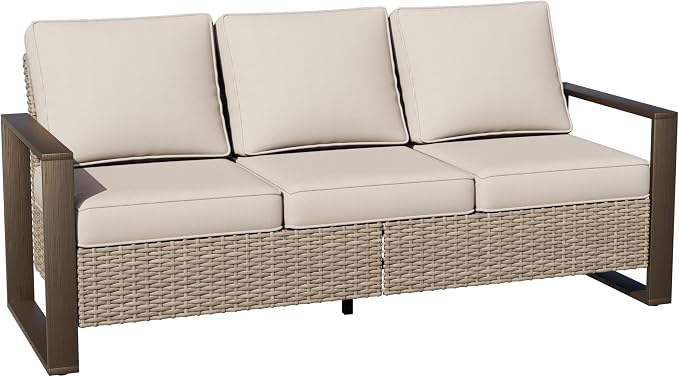 Joyside Outdoor Patio Wicker Sofa, 3-Seater Rattan Sofa with Thick Olefin Cushions and Metal Steel Rectangular Framed Armrest -Looking Metal Armrest Suitable for Garden, Backyard, Porch, Deck, Beige