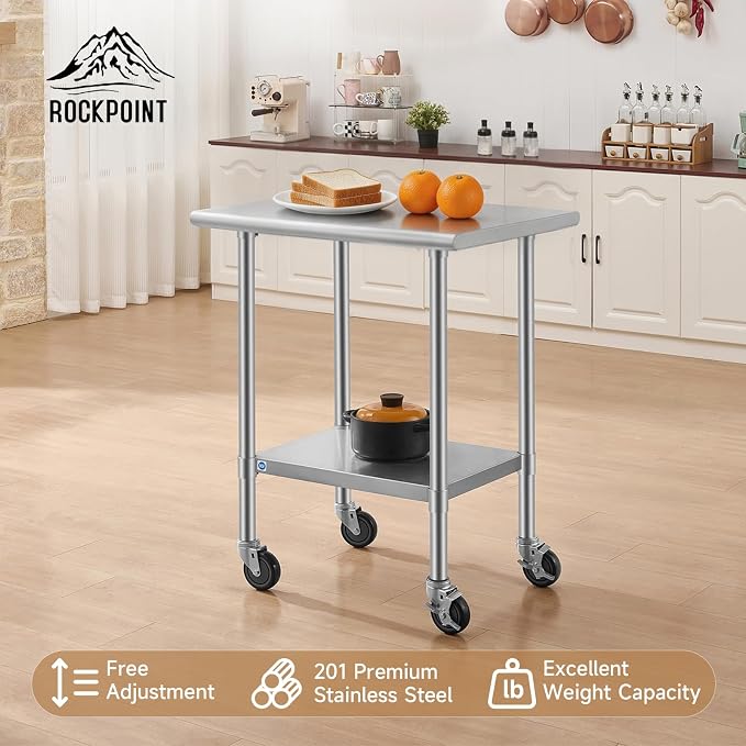 ROCKPOINT All Stainless Steel Prep Table with Caster 24x30 Inch, Commercial Heavy Duty Workbench with Stainless Legs & Adjustable Undershelf, 710 lb Capacity for Outdoor Kitchens with Wheel