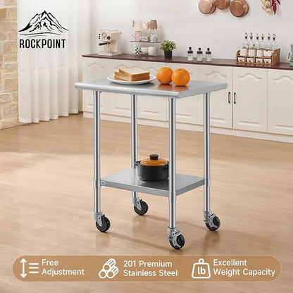 ROCKPOINT All Stainless Steel Prep Table with Caster 24x30 Inch, Commercial Heavy Duty Workbench with Stainless Legs & Adjustable Undershelf, 710 lb Capacity for Outdoor Kitchens with Wheel