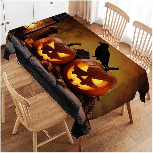 Swono Halloween Tablecloths Halloween Pumpkin Scary Bird Old Wooden Kitchen Dinning Tabletop Decoration, Polyester Table Cover for Indoor Outdoor 50x72 Inch Tablecloth