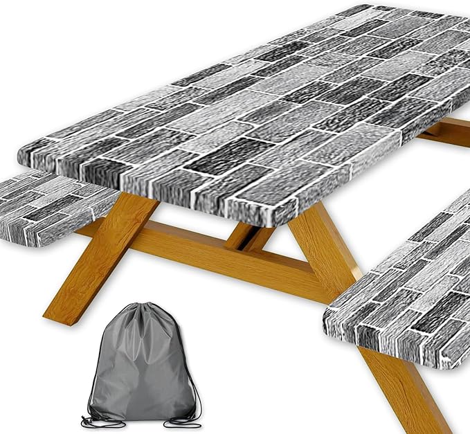 Picnic Table Cover with Bench Covers and Bag, Camping Essentials, Stone Wall Waterproof Windproof, Fitted Camping Tablecloths with Elastic Edges for Indoor, Outdoor & Garden, 3 Pcs Set 30x96 Inch