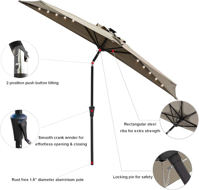 C-Hopetree 9 ft Half Round Outdoor Patio Market Wall Umbrella with Solar LED Lights and Tilt