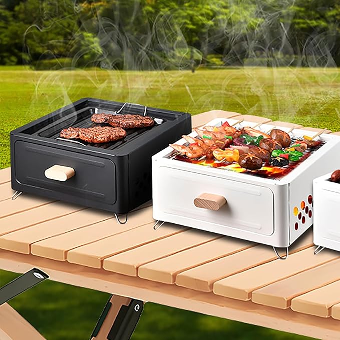 LOGOFUN Portable Charcoal Grill with Enamel Griddle Pan Japanese Style Tabletop BBQ for Outdoor Camping Folding Barbecue Hibachi Backyard Patio Balcony