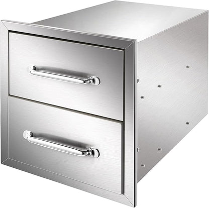 Ryan Stainless Outdoor Kitchen Drawers 14x14.5x23 Inch, 2-Tier Stainless Steel BBQ Double Access Drawers with Handle for Outdoor BBQ Island