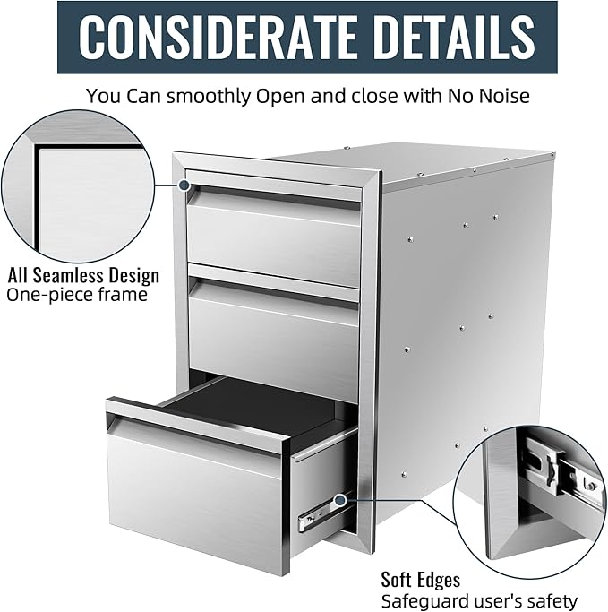 Outdoor Kitchen Drawer 14 x 21 x 23 inch Flush Mount BBQ Triple Layer Drawer, Durable Stainless Steel Kitchen Drawer Outdoor Kitchen Access Drawer for BBQ Island Patio