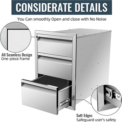 Outdoor Kitchen Drawer 14 x 21 x 23 inch Flush Mount BBQ Triple Layer Drawer, Durable Stainless Steel Kitchen Drawer Outdoor Kitchen Access Drawer for BBQ Island Patio