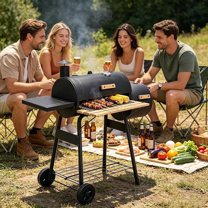 Portable Charcoal Grill with Foldable Side Shelf & Bottom Shelf, BBQ Smoker with Wheels and Adjustable Lid Vents for Picnic, Camping, Backyard Cooking (48.75" x 20.75" x 41")
