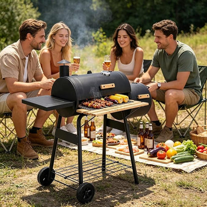 Portable Charcoal Grill with Foldable Side Shelf & Bottom Shelf, BBQ Smoker with Wheels and Adjustable Lid Vents for Picnic, Camping, Backyard Cooking (48.75" x 20.75" x 41")