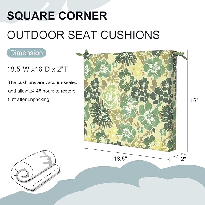 DYTXIII Set of 2 Outdoor Chair Cushions, Water Resistant 18.5"x16"x2" Square Seat Cushion for Patio Dining Chairs, High-Density Replacement Pads for Indoor Outdoor Furniture - Green Rose