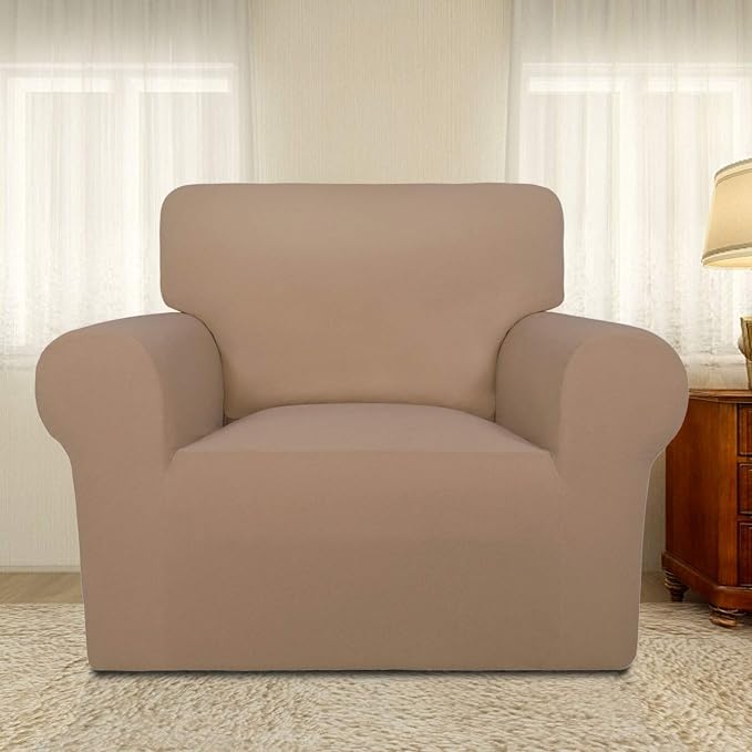 PureFit Super Stretch Chair Covers Fleece Couch Covers for Sofa Camel | 1-Piece Spandex Couch Cover Soft Couch Protector, Sofa Cover Washable with Non Skid Foam and Elastic Bottom for Kids, Dogs