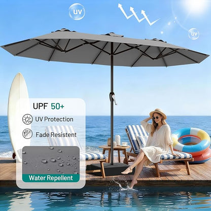 AreShark 15ft Patio Umbrella with Base, Double Sided Outdoor Umbrella with 12 Fiberglass Ribs, Large Outdoor Umbrella for Garden, Pool, Deck, Backyard & Market, Grey