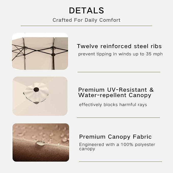 Kingdura 13ft Large Patio Umbrella with Base Included, Double-Sided Rectangle Outdoor Table Umbrella with 12 Reinforced Ribs, Crank Lift for Market Pool Deck Backyard, Beige
