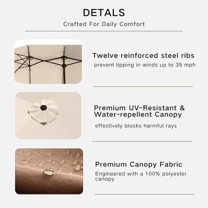 Kingdura 13ft Large Patio Umbrella with Base Included, Double-Sided Rectangle Outdoor Table Umbrella with 12 Reinforced Ribs, Crank Lift for Market Pool Deck Backyard, Beige