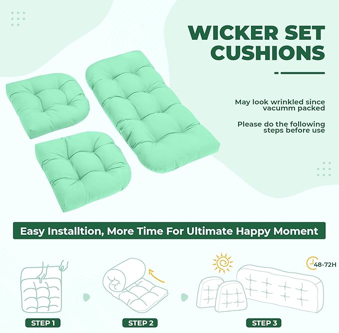 DANGHOOGY Wicker Chair Cushions, Waterproof Outdoor Loveseat Cushions for Patio Furniture, Tufted Wicker Furniture Cushions, 1 Loveseat and 2 U-Shaped Cushions, Cyan