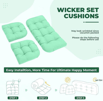 DANGHOOGY Wicker Chair Cushions, Waterproof Outdoor Loveseat Cushions for Patio Furniture, Tufted Wicker Furniture Cushions, 1 Loveseat and 2 U-Shaped Cushions, Cyan