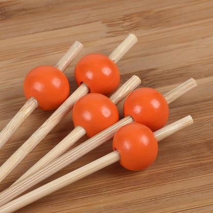 BambooMN Decorative Ball End Cocktail Fruit Sandwich Picks Skewers for Catered Events, Holiday's, Restaurants or Buffets Party Supplies - 3.9" Orange, 100 Pcs