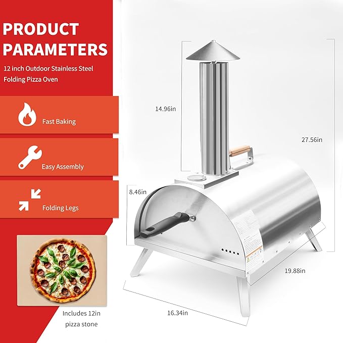 12" Wood Pellets Pizza oven with Thermometer – Portable Wood Fired Pizza stove, Stainless Steel, Quick Heat-Up, 12" Pizza Stone for Camping and Outdoor Cooking, Great Gift for Camping Enthusiasts