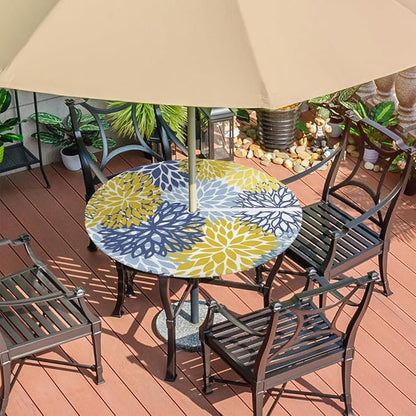 Fitted Round Tablecloth with Umbrella Hole and Zipper Spring Floral Outdoor Elastic Table Cloth 36"-44" Oil-Proof Waterproof Yellow Navy Chrysanthemum Patio Table Cover for Picnic Party