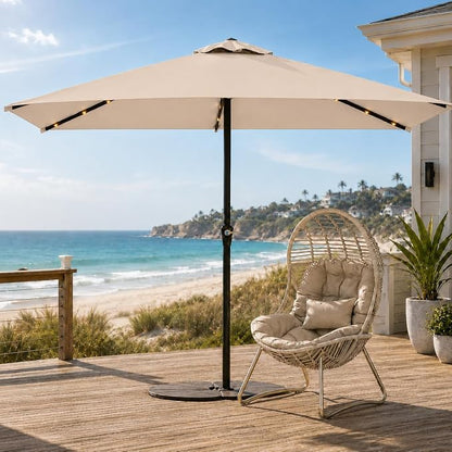 6.5 x 10ft Rectangular Patio Umbrella with Solar Lights, 16 LED Lighted Market Umbrella with Push-Button Tilt and Crank, 6 Sturdy Iron Ribs for Garden, Deck, Pool, Beige