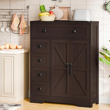 Vabches Farmhouse Storage Cabinet with 2 Doors and 5 Drawers, Freestanding Bathroom Cabinets Kitchen Pantry, Floor Storage Cabinet Hutch Cupboard for Living Room/Bathroom/Kitchen.（Espresso