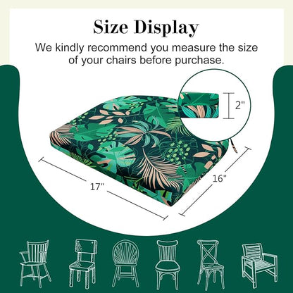 Cozyide Outdoor Chair Cushions, Waterproof Patio Seat Cushions with Adjustable Straps, Round Corner Patio Chair Cushions for Garden, Green Leaf, 17x16x2 Inch (Pack of 2)