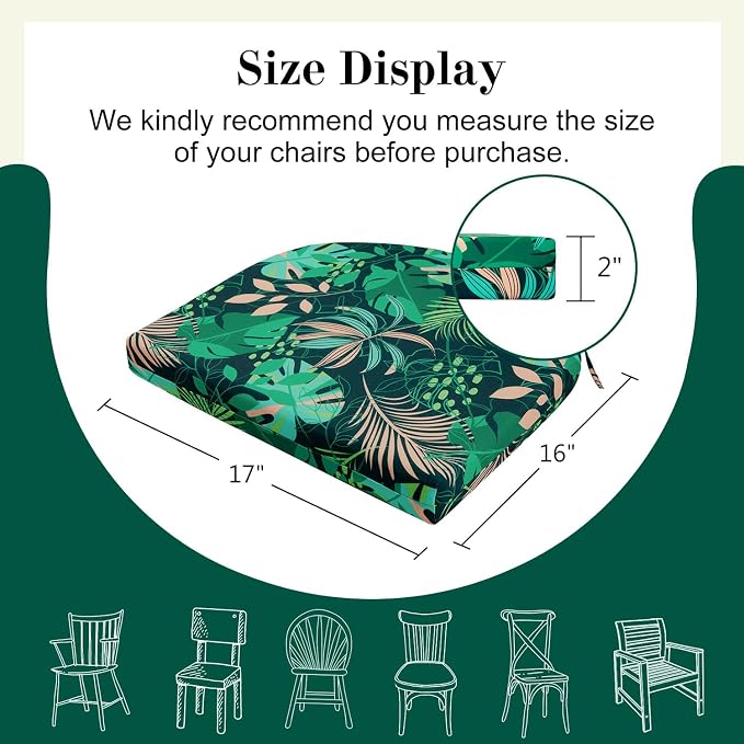 Cozyide Outdoor Chair Cushions, Waterproof Patio Seat Cushions with Adjustable Straps, Round Corner Patio Chair Cushions for Garden, Green Leaf, 17x16x2 Inch (Pack of 4)