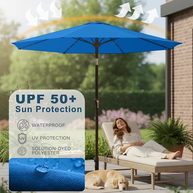 9' Solar LED Patio Umbrella with Tilt & Crank|8 Sturdy Ribs,UV Protection,Outdoor Market Table Umbrella for Deck,Lawn,Pool,Backyard(Royal blue)