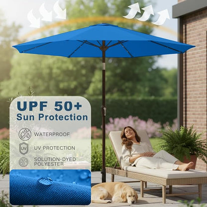 9' Solar LED Patio Umbrella with Tilt & Crank|8 Sturdy Ribs,UV Protection,Outdoor Market Table Umbrella for Deck,Lawn,Pool,Backyard(Royal blue)