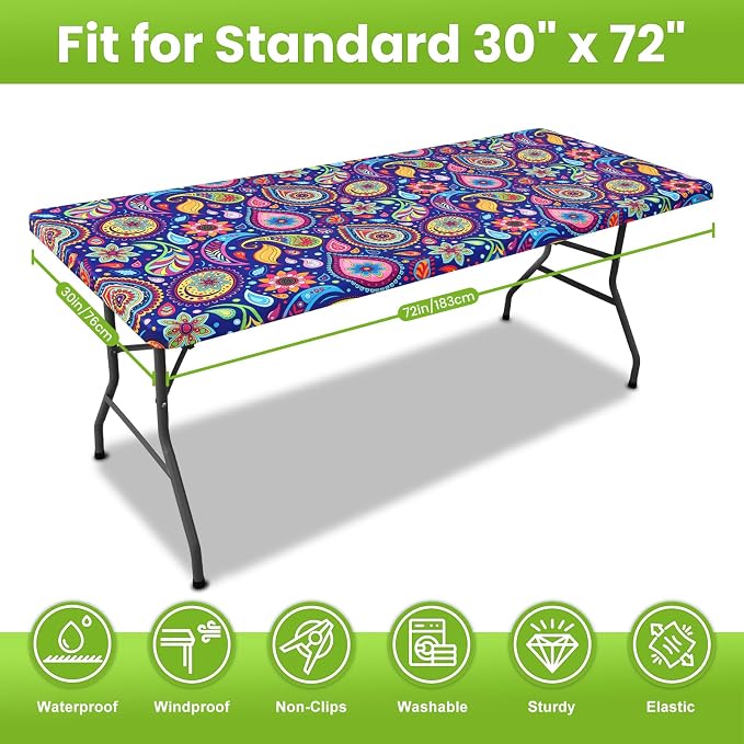 Smiry Spandex Fitted Tablecloth for 6 Foot Rectangle Tables, Washable Picnic Table Cover with Elastic, Stretch Reusable Table Cloth for Outdoor, Camping, Dining & Kitchen (Navy Paisley, 30"x72")
