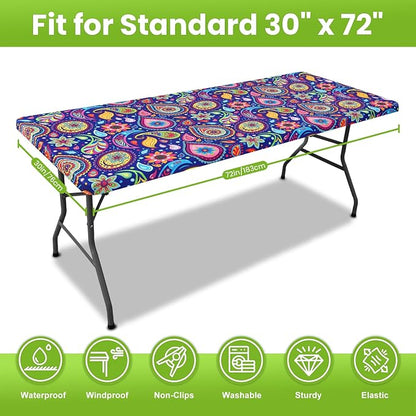Smiry Spandex Fitted Tablecloth for 6 Foot Rectangle Tables, Washable Picnic Table Cover with Elastic, Stretch Reusable Table Cloth for Outdoor, Camping, Dining & Kitchen (Navy Paisley, 30"x72")