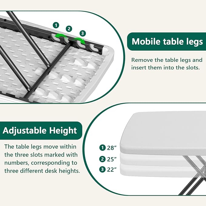 Folding Table 30 Inch - Small Desk Adjustable Height TV Tray for Laptop, Couch, Camping - Heavy Duty Utility Foldable Table for Small Spaces, No Assembly Required, White Granite