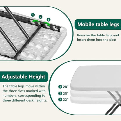 Folding Table 30 Inch - Small Desk Adjustable Height TV Tray for Laptop, Couch, Camping - Heavy Duty Utility Foldable Table for Small Spaces, No Assembly Required, White Granite