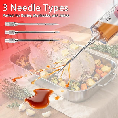 Meat Butter Injector Syringe, 1-oz Plastic Marinade Turkey Injector Kit, with 3 Stainless Steel Meat Needles, 1 Cleaning Brush and Replacement O Ring, Dual Scale (ml/oz), for Turkey, BBQ Grill Smoker