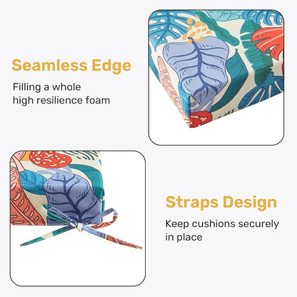 UNIKOME Outdoor Chair Cushions Pack of 4, Water Resistant Patio Cushions with Ties, High Density Sponge Filling Square Corner Seat Cushions for Outdoor Furniture, 18.5"*16"*3", Palm Tropical