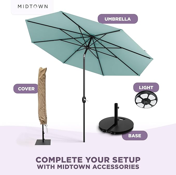 Midtown Umbrellas - 10-Year-No-Fade 6 Ft Patio Umbrella with Terylast Fabric, Auto-Tilt Aluminum Frame and 8 Reinforced Ribs for Deck, Pool, Garden & Beach - Aqua Canopy, Black Pole