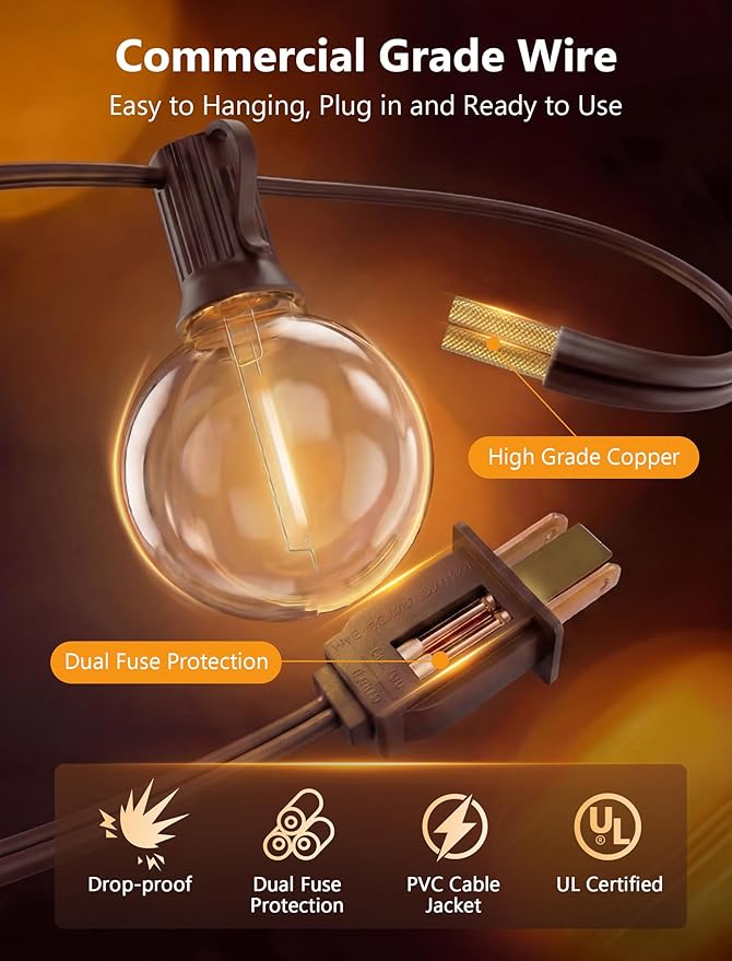 GOOTHY 25Ft Outdoor LED String Lights with 25 Shatterproof G40 LED Clear Globe Bulbs, Edison Vintage Bulbs Hanging Sockets, Decorative Lighting for Café Patio Porch Party Yard Christmas-Brown Wire