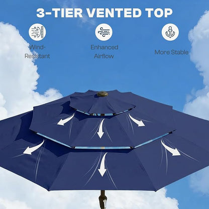 10ft 3 Tier Patio Umbrella, Outdoor Market Table Umbrella with UPF 50+ Vented Canopy, 8 Sturdy Ribs, Easy Push Button Tilt and Crank, Windproof for Deck, Pool, Backyard and Garden