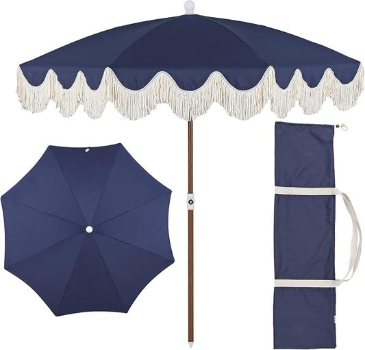 JONATHAN Y Mariner 6.5 ft. Solid Fringe Beach Umbrella, Navy | Push-Button Tilt, UV 50 Protection, Matching Carry Bag, Dark Brown Wood Finish Iron Pole, Wind Vent, Scalloped Round Canopy
